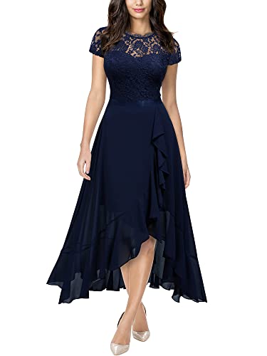 Miusol Women's Retro Lace Contrast Chiffon Ruffle Evening Maxi Dress (Large, Navy Blue)