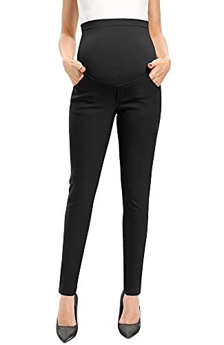 POSHGLAM Women's Maternity Pants for Work Casual Pull-on Super Stretch Comfy Slim Skinny Dress Pants(Black, Medium)