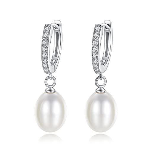Gdirection 925 Sterling Silver Handpicked AAA+ Quality Freshwater Cultured Pearl Earrings for Women, CZ Cubic Zirconia S925 Leverback Hoop Drop Dangle Stud With Gift Box (white+silver (FE9158))