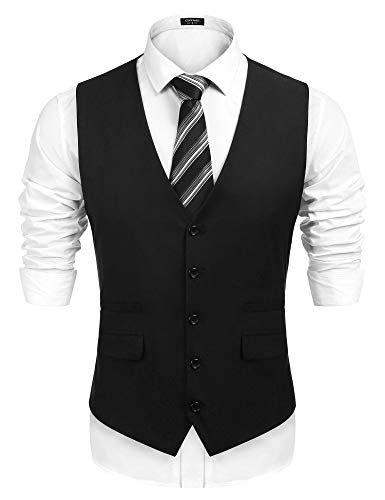 COOFANDY Men's Business Suit Vest,Slim Fit Formal Skinny Wedding Waistcoat,Black,Medium