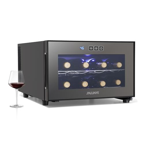 JINJUNYE Wine Cooler Refrigerator, 8 Bottle Wine Fridge Small, Countertop Wine Cooler with Digital Temperature Control, Mini Freestanding Wine Cellars Glass Door, High-End Gift