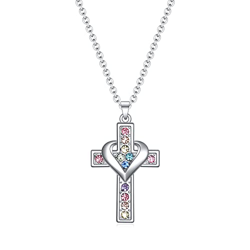 SUMFAN Cross Necklace for Girls Women,Small Cubic Zirconia Tiny Cross Pendant Necklace Baptism Gifts for Girl,First Communion Gifts,Christening Gifts for Girls Women (Heart Cross Necklace)