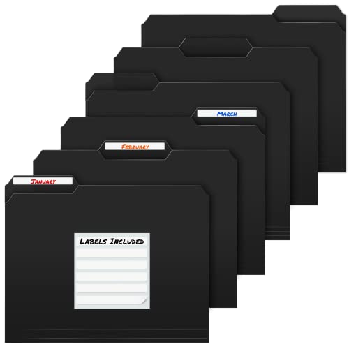 Dunwell Plastic Black File Folders - (6 Pack), Sturdy 1/3 Tab Black File Folders Letter Size, Black Folders for Documents, 8.5 x 11 Plastic Black Manila Folders, Poly Black Folder Organizer + Labels