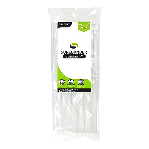 Surebonder Made in the USA All Purpose Stick Glue Sticks-All Temperature-Clear 7/16' D, 10' L Glue Stick-20 Sticks per Bag