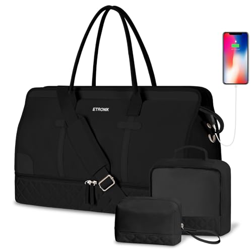 ETRONIK Weekender Overnight Bag for Women, Large Travel Duffle Bag with Shoe Compartment & Wet Pocket, Carry On Tote Bag Gym Duffel Bag with Toiletry Bag for Hospital 4 Pcs Set, Large Size, Black