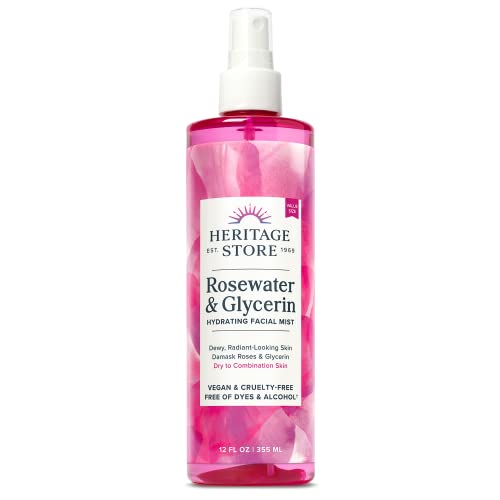 Heritage Store Rosewater & Glycerin Hydrating Facial Mist for Dewy, Radiant Skin | No Dyes or Alcohol, Cruelty Free (12oz)