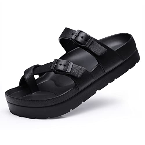 Goosecret Women's Platform Sandals with Arch Support Comfortable Foam Slides Lightweight Thick Soles | Adjustable Buckle | Ultra Cushion Black, 7.5