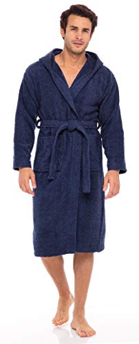 SKYLINEWEARS Men Robe Terry Cotton Hooded Bathrobe Spa Robes Housecoat Terry Toweling Sweat Steaming Clothes Navy L