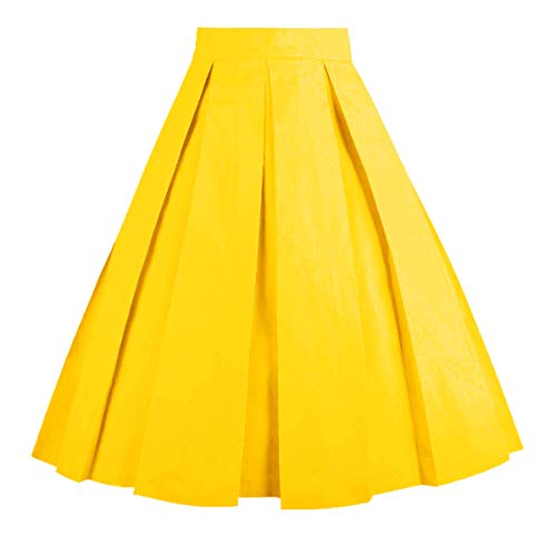 OBBUE Dresstore Vintage Pleated Skirt Floral A-line Printed Midi Skirts with Pockets Golden-XL