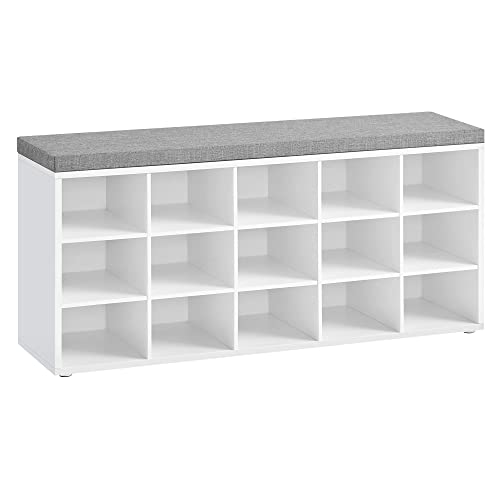 VASAGLE Shoe Bench with Cushion, Storage Bench with Padded Seat, Entryway Bench with 15 Compartments, Adjustable Shelves, for Bedroom, 11.8 x 41.3 x 18.9 Inches, White and Gray ULHS15WT