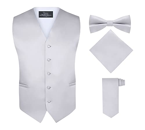 S.H. Churchill & Co. Men's 4 Piece Vest Set, with Bow Tie, Neck Tie & Pocket Hankie - Silver, M