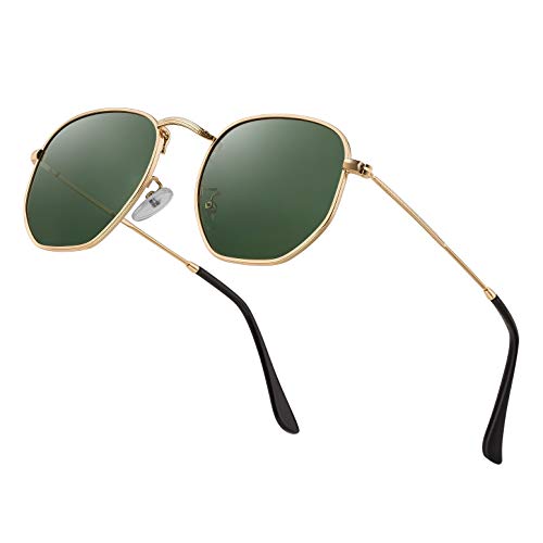 Modern Geometric Polarized Metal Slim Arms Neutral Colored Lens Hexagonal Sunglasses Men Women Square Small Vintage Frame Retro Round Mirrored Driving Shade Sun Glasses(DarkGreen Lens/Gold Frame)