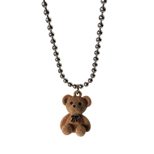 RIJOAN Cute Teddy Bear Pendant Necklace for Girls Women Korean Fashion Kawaii Bear Long Sweater Neck Chain Necklace Cute Collar Jewelry Silver
