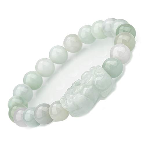 Fengshui Wealth Prosperity White Real Jade Bracelet For Women Men 10mm Bead with Pi Xiu/Pi Yao Attract Wealth and Good Luck Light Green