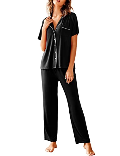 Avidlove Womens Comfort Pajama Set Short-Sleeve with Long Pjs Pants Soft Sleepwear,Large,Black Pj