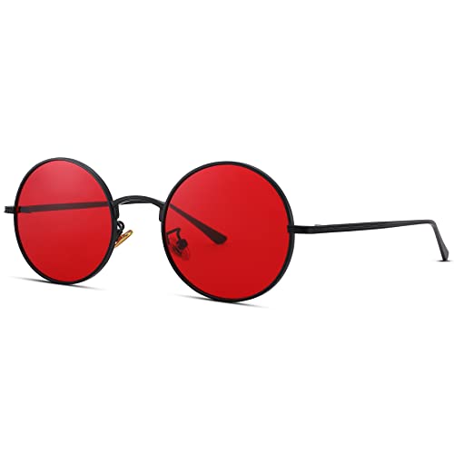 COASION Vintage Round Metal Sunglasses Small Red Halloween Glasses for Women Men (Black Frame/Red Lens)