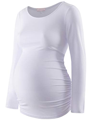 Bhome Maternity Shirt Long Sleeve Basic Top Ruch Sides Bodycon Tshirt for Pregnant Women Casual Wear Tee for Pregnancy White S