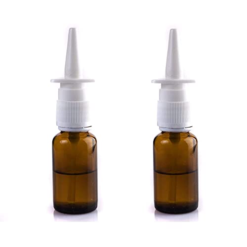 Amber Glass 2- Pack Nasal Spray Bottle 1 oz, Empty, Press Spray Head Refillable, Travel Sized 30 ml vials - No Labels