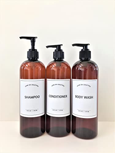 16 oz PET Plastic Empty Slim (Cosmo) Round Pump Bottles with Printed Waterproof Labels of Shampoo, Conditioner and Body Wash - Set of 3 (Amber Bottle with Black Pump)