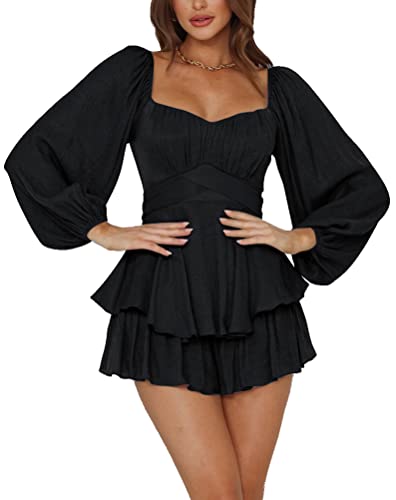 LYANER Women's Jumpsuit Lantern Long Sleeve Ruffle Layer Tie Mini Short Romper Solid Black Large