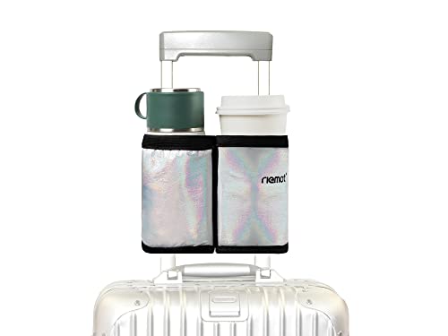 riemot Luggage Travel Cup Holder Free Hand Drink Carrier - Hold Two Coffee Mugs - Fits Roll on Suitcase Handles - Gifts for Flight Attendants Travelers Accessories Glitter Silver
