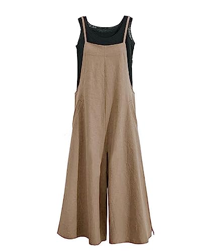 YESNO Women Casual Loose Long Bib Pants Wide Leg Jumpsuits Baggy Cotton Rompers Overalls with Pockets (M PZZTYP2 Camel)