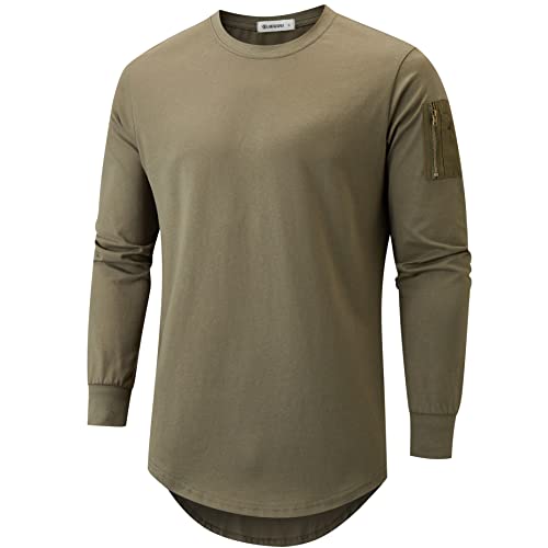 KLIEGOU Mens 100% Cotton Hipster Hip Hop Crewneck T-Shirt with Zip Pocket(216 ArmyGreen XL)