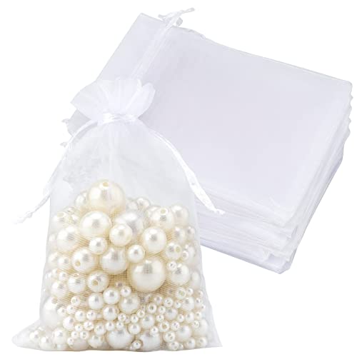 joycraft 50Pcs Organza Bags, 4'x 6' Gift Favor Bags, White Breathable Tulle Bags with Drawstring, Sheer Mesh Pouch Drawstring Bags for Wedding Favor, Jewelry, Makeup, Candy