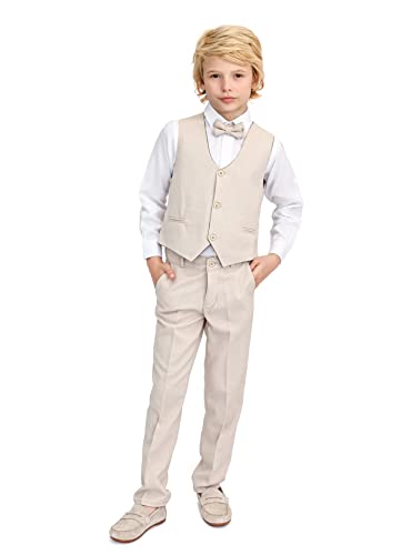 Lilax Boys Formal Suit 4 Piece Vest, Pants and Tie Dresswear Suit Set (3T, Beige)