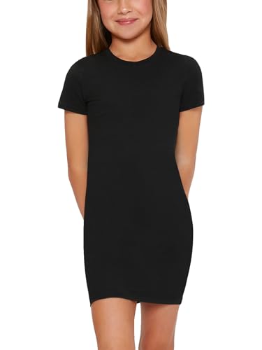 SHENHE Girl's Basic Short Sleeve Crew Neck Bodycon T Shirt Pencil Mini Dresses Black 10Y