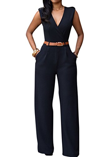 Pink Queen Women's Elegant V Neck Long Loose Belted Rompers Jumpsuits Black X-Large