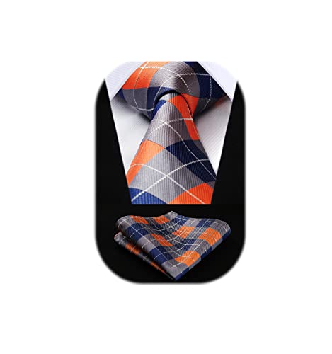 HISDERN Orange Grey Navy Blue Ties for Men Wedding Classic Silk Plaid Ties and Pocket Square Set Formal Business Neckties Handkerchiefs
