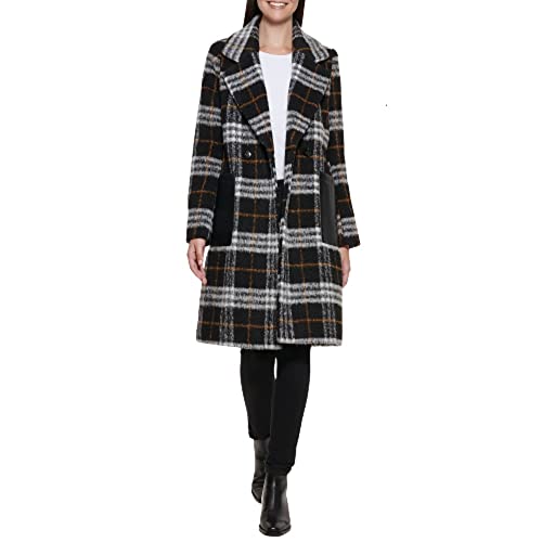 Calvin Klein Women's Notch Collar Double Breast Patch Pocket Jacket, Black Multi Plaid, Large