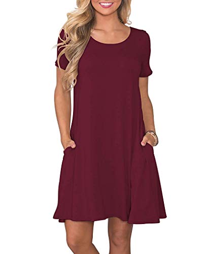 WNEEDU Women's Plus Size Summer Dresses Casual T Shirt Swing Dresses with Pockets Wine Red 2XL
