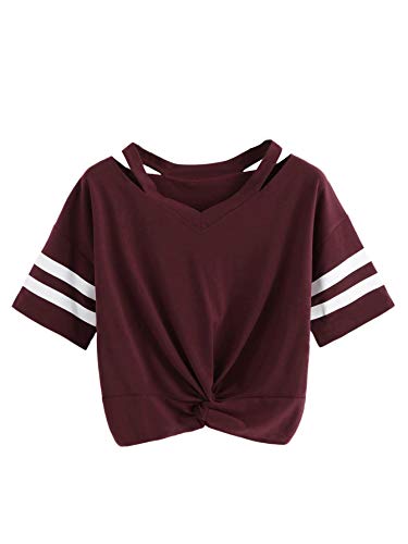 SweatyRocks Women's Short Sleeve Cut Out V Neck Twist Front Crop Top T-Shirt Burgundy X-Large