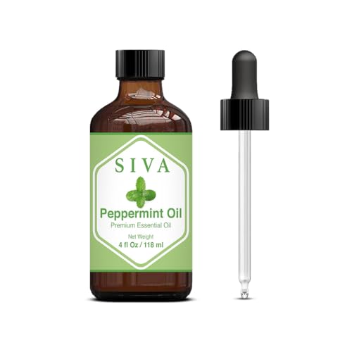 Siva Peppermint Essential Oil 4oz (118 ml) Premium Essential Oil with Dropper for Diffuser, Aromatherapy, Hair Care, Scalp Massage & Skin Care