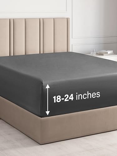 Extra Deep King Fitted Sheet - Hotel Luxury Single Fitted Sheet Only - Easily Fits 18 inch to 24 inch Mattress - Soft, Wrinkle Free, Breathable & Comfy Extra Deep Pockets Dark Grey Fitted Sheet