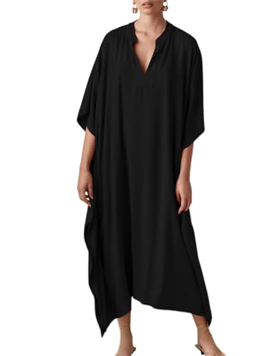 Bsubseach Women Black Silky Kaftan Dresses Batwing Sleeve Swimsuit Cover Up V Neck Caftan Maxi Dress Summer