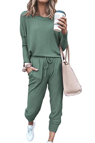 PRETTYGARDEN Women's 2024 Fall Two Piece Outfit Long Sleeve Crewneck Pullover Tops and Long Pants Tracksuit (Light Green,Large)