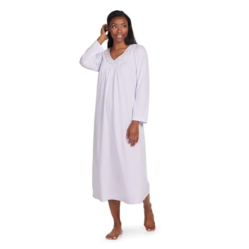 Miss Elaine Women's Long Pointelle Honeycomb Knit Nightgown, Long Sleeve Gown, Sleepwear & Loungewear (Large, Lavender)