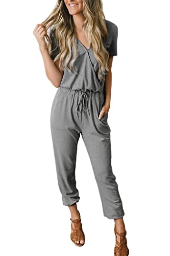 PRETTYGARDEN Women's Summer Casual Deep V Neck Short Sleeve Wrap Drawstring Waist Jumpsuit Romper (Grey,Medium)
