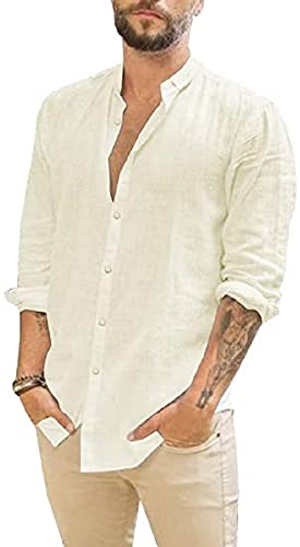 JEKAOYI Mens Casual Long Sleeve Cotton Linen Shirts Buttons Down Solid Plain Roll-Up Sleeve Summer Beach Shirts Beige