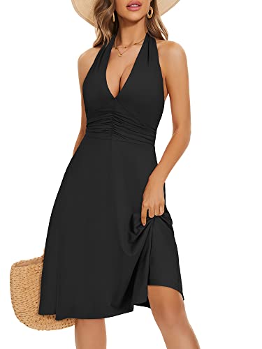 HUHOT Beach Dresses for Graduation for Women Casual Summer Wedding Guest Dress semi Formal Backless Halter Neck Cute Spring Dresses with Pocket Black