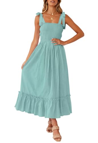 ZESICA Women's 2024 Summer Boho Spaghetti Strap Square Neck Solid Color Ruffle A Line Beach Long Maxi Dress,Sage,Large