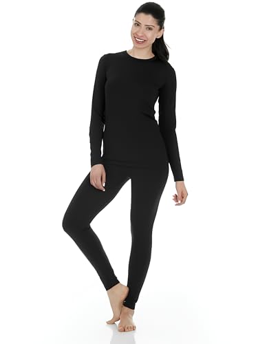 Thermajane Long Johns Thermal Underwear for Women Fleece Lined Base Layer Pajama Set Cold Weather (Large, Black)