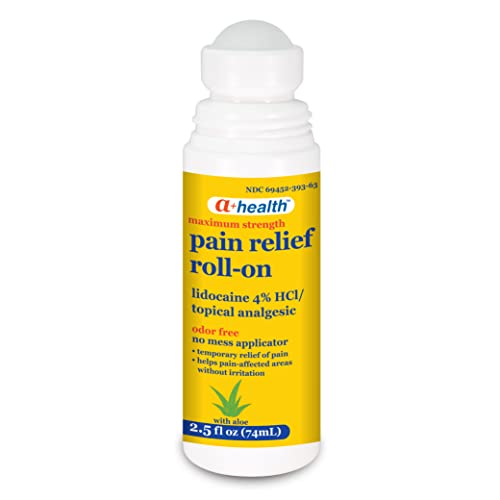 A+Health Pain Relief Roll-On Liquid, Lidocaine 4%, Odor Free, Maximum Strength Pain + Itch Relief with Aloe, Made in USA, 2.5 fl Ounces