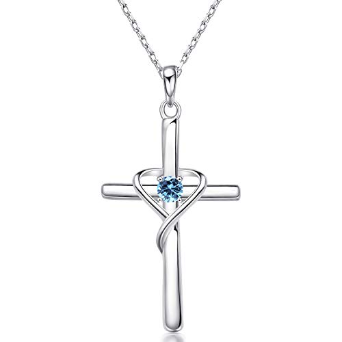 AmorAime 925 Sterling Silver Cross Necklace for Women Birthstone Necklace Birthstone Jewelry Gifts for Christmas,Birthday or Anniversary (C.Blue-March)