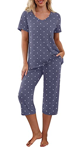 PrinStory Women's Pajama Set Short Sleeve Shirt and Capri Pants Sleepwear Pjs Sets with Pockets Dot-Navy Blue-Medium