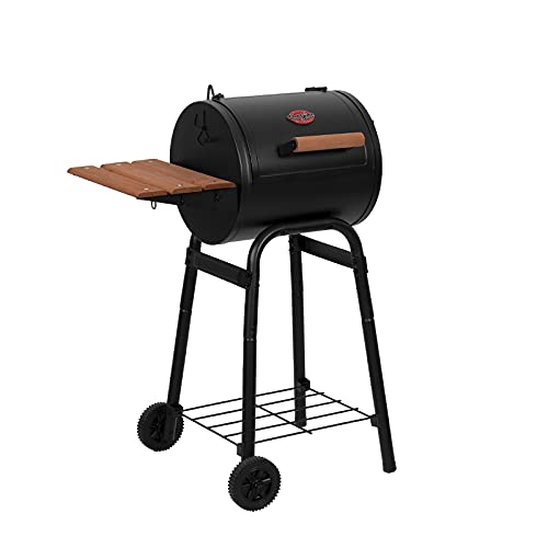 Char-Griller Patio Pro Charcoal Grill and Smoker with Cast Iron Grates, Premium Wood Shelf and Damper Control, 250 Cooking Square Inches in Black, Model E1515