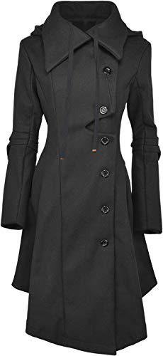 QZUnique Women's Trench Coat Goth Wool Blend Pea Jacket Victorian Long Fitted Trenchcoat Hood Winter Steam Punk Lapel Outwear Black US M